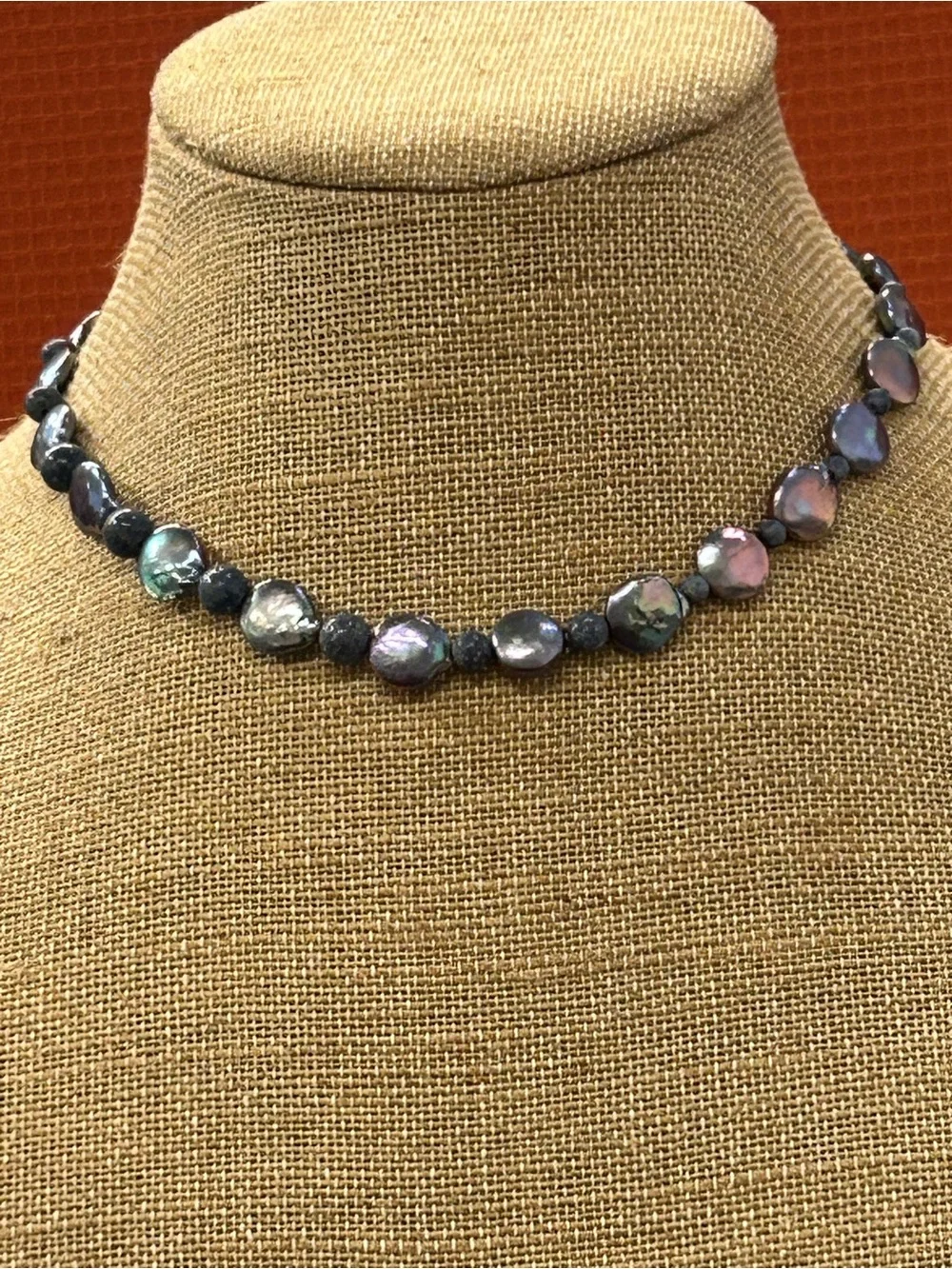 Beautiful artisan peacock coin pearl and lava bead choker